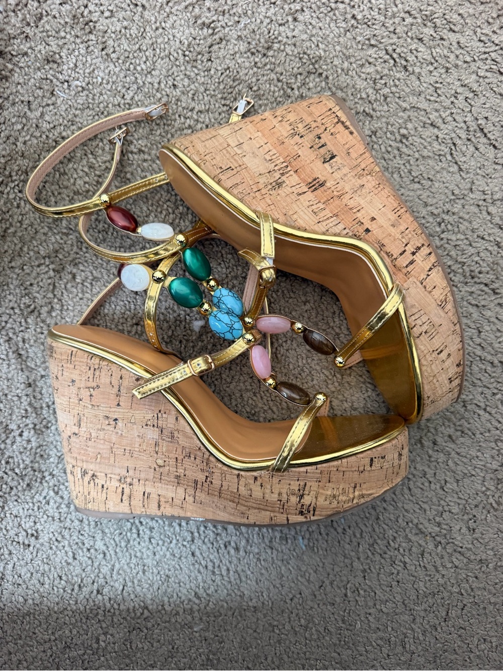Gold Cork Wedge Sandals with Multicolor Gem Accents